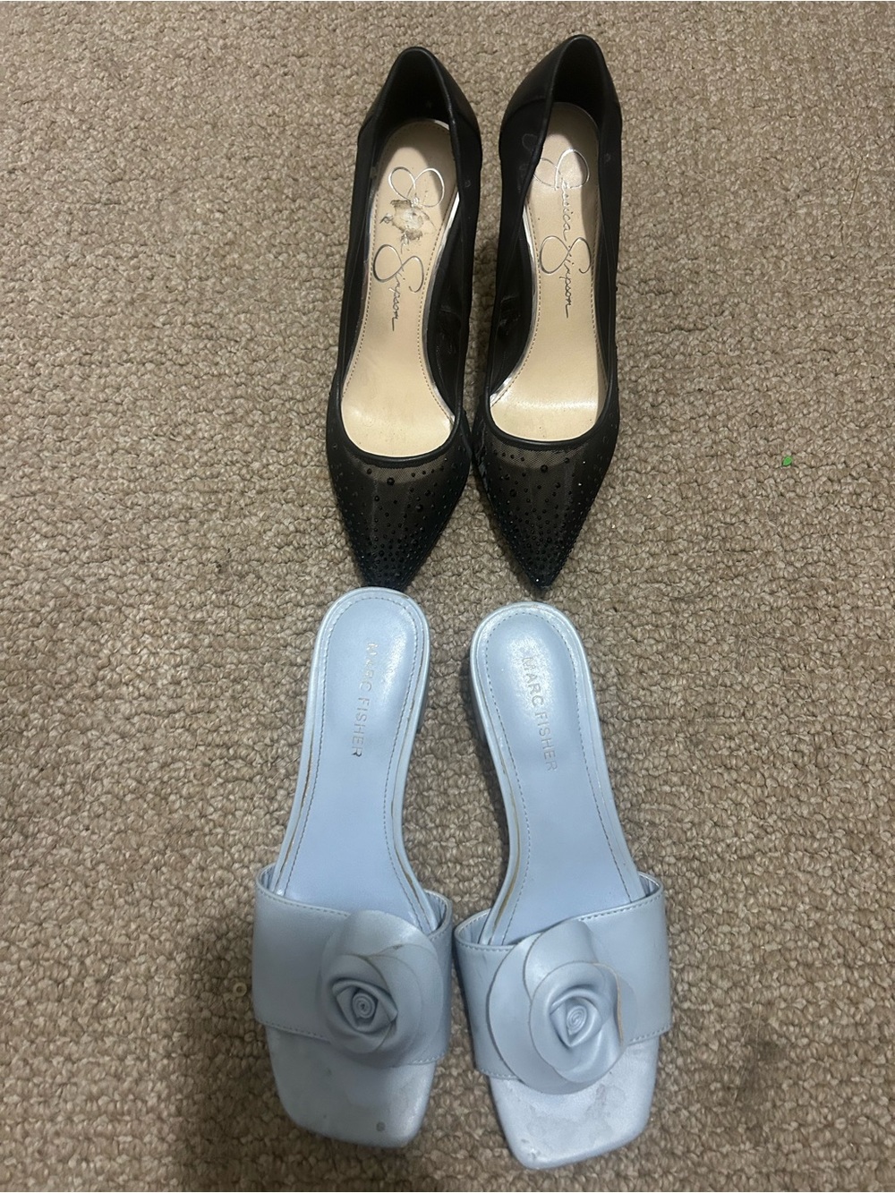 Jessica Simpson Black Pointed Toe Pumps & Light Blue Floral Slide Mules